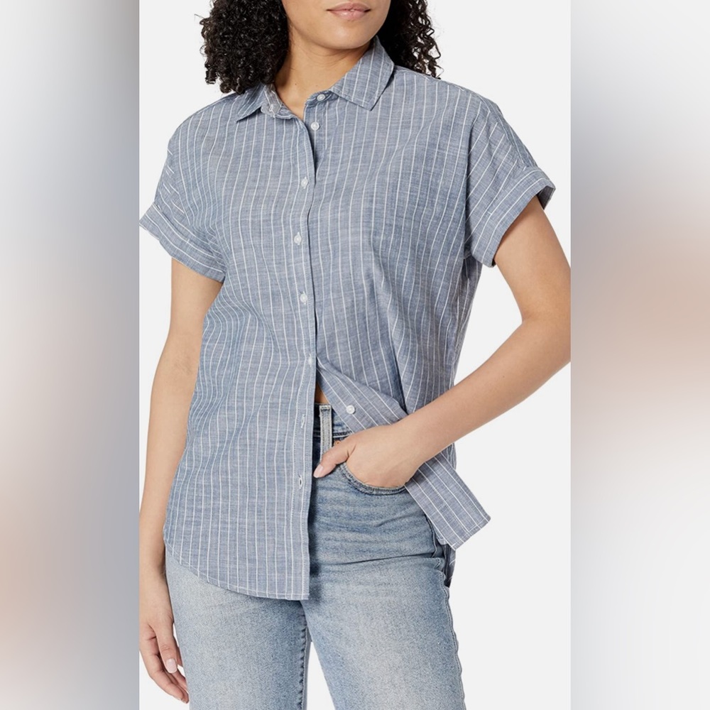 Goodthreads Women's Washed Cotton Short-Sleeve Shirt L Dark Blue/White Pinstripe